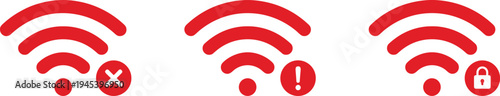 WiFi connection status icons set, wireless network error warning and security lock symbols, internet signal problem concept flat vector illustration