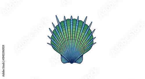 Stylized illustration of a fan-shaped seashell in vibrant blue and green hues