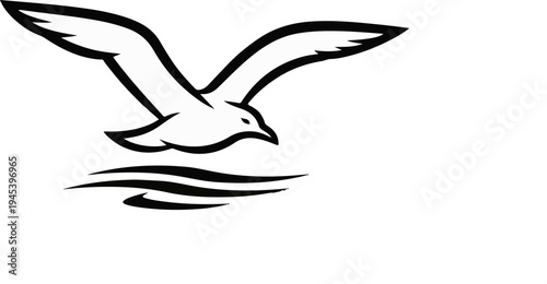 Stylized black and white outline of a seagull in flight above stylized waves