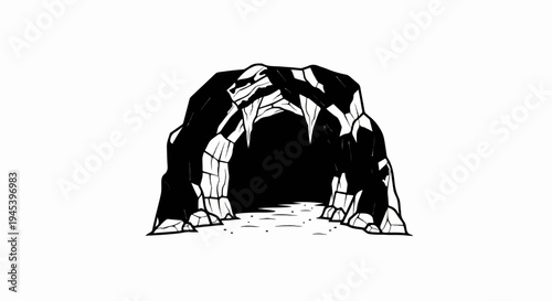 Stylized illustration of a dark, rocky cave entrance with sharp stalactites