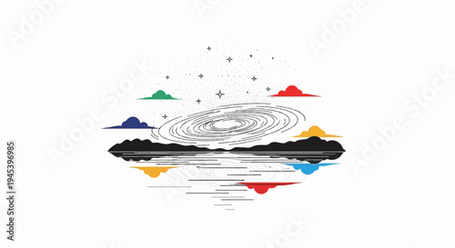 Stylized celestial spiral over reflected mountains and colorful clouds