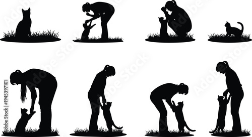 Woman with cat silhouette, pet interaction artwork, black and white drawing, playful companionship sketch, affectionate feline bonding, decorative nature inspired design