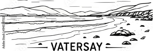 Stylized black and white landscape of a bay with hills, waves, and rocks