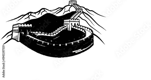 Stylized illustration of a grand ancient wall snaking across mountainous terrain
