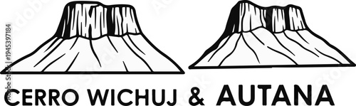 Stylized black and white illustration of two tabletop mountains with text below