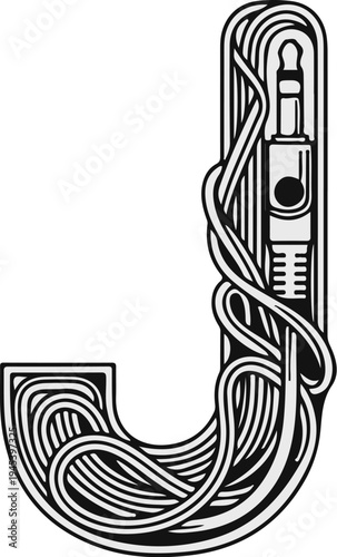 Stylized letter J formed by coiled audio cable and plug
