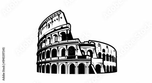 Stylized black and white illustration of the iconic Roman Colosseum