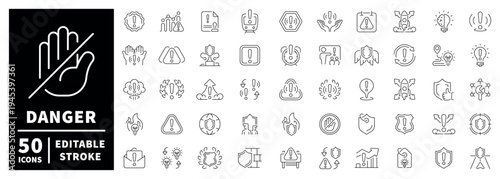 Danger and warning outline icon set: editable stroke thin line symbols for safety alerts