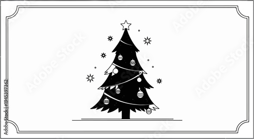 Stylized Christmas tree with ornaments and stars, within a decorative border