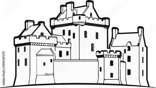 Stylized illustration of a historical stone fortress with multiple towers and battlements