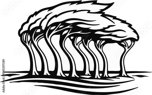Stylized black and white illustration of multiple trees clustered together