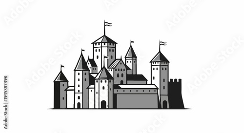 Stylized medieval castle with multiple towers and flags on a white background
