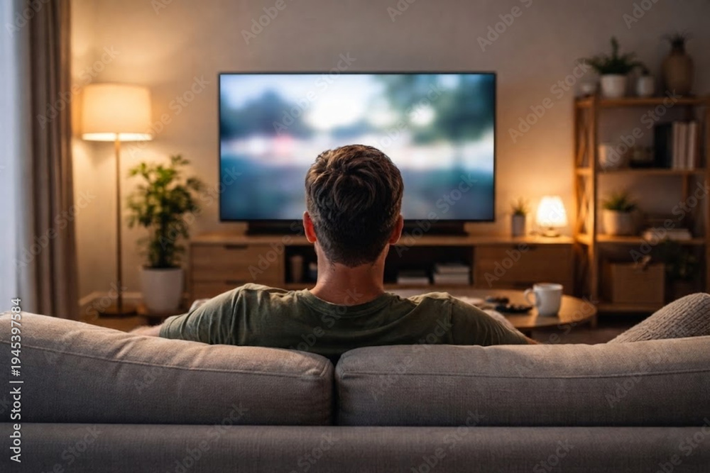 Obraz premium Man watching television at home entertainment evening lifestyle