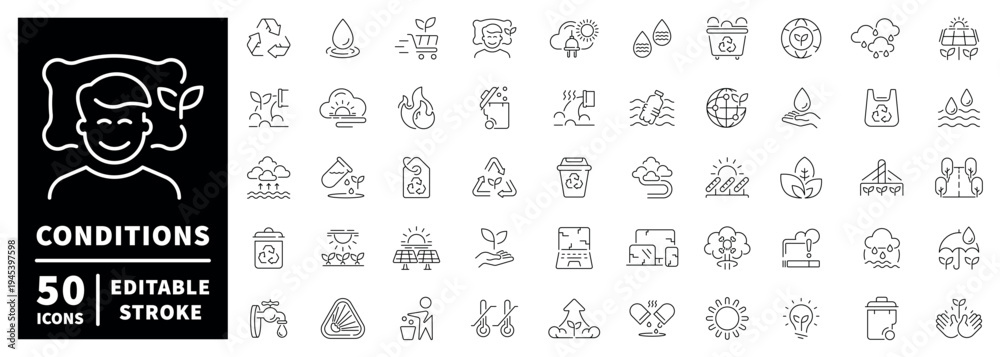 Obraz premium Weather and ecology outline icon set: thin line editable stroke symbols for environmental concepts