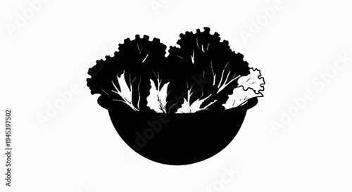Stylized black and white illustration of leafy greens in a bowl