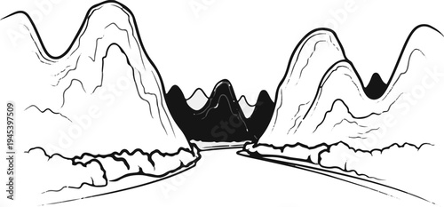 Stylized, monochromatic mountain pass with a road receding into the distance