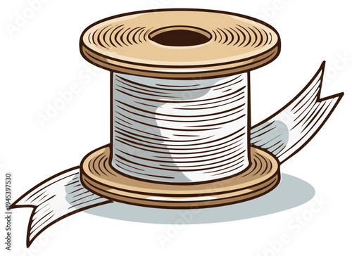 Illustration of a spool of thread with a ribbon banner, hand drawn style