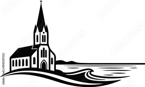 Stylized church with steeple by the sea, waves below and distant hills