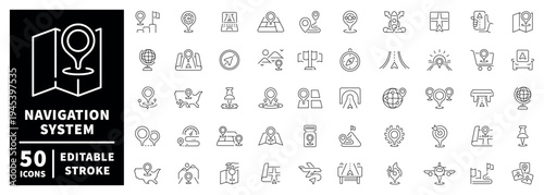 Navigation icons set with editable stroke. outline style thin line symbols for maps and directions.