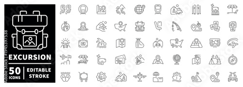 Excursion outline icon set: 50 editable stroke icons in thin line style for travel adventures