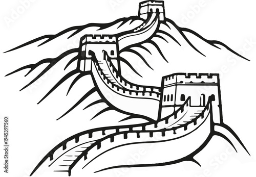Stylized illustration of a section of a historical defensive fortification on a mountainous terrain