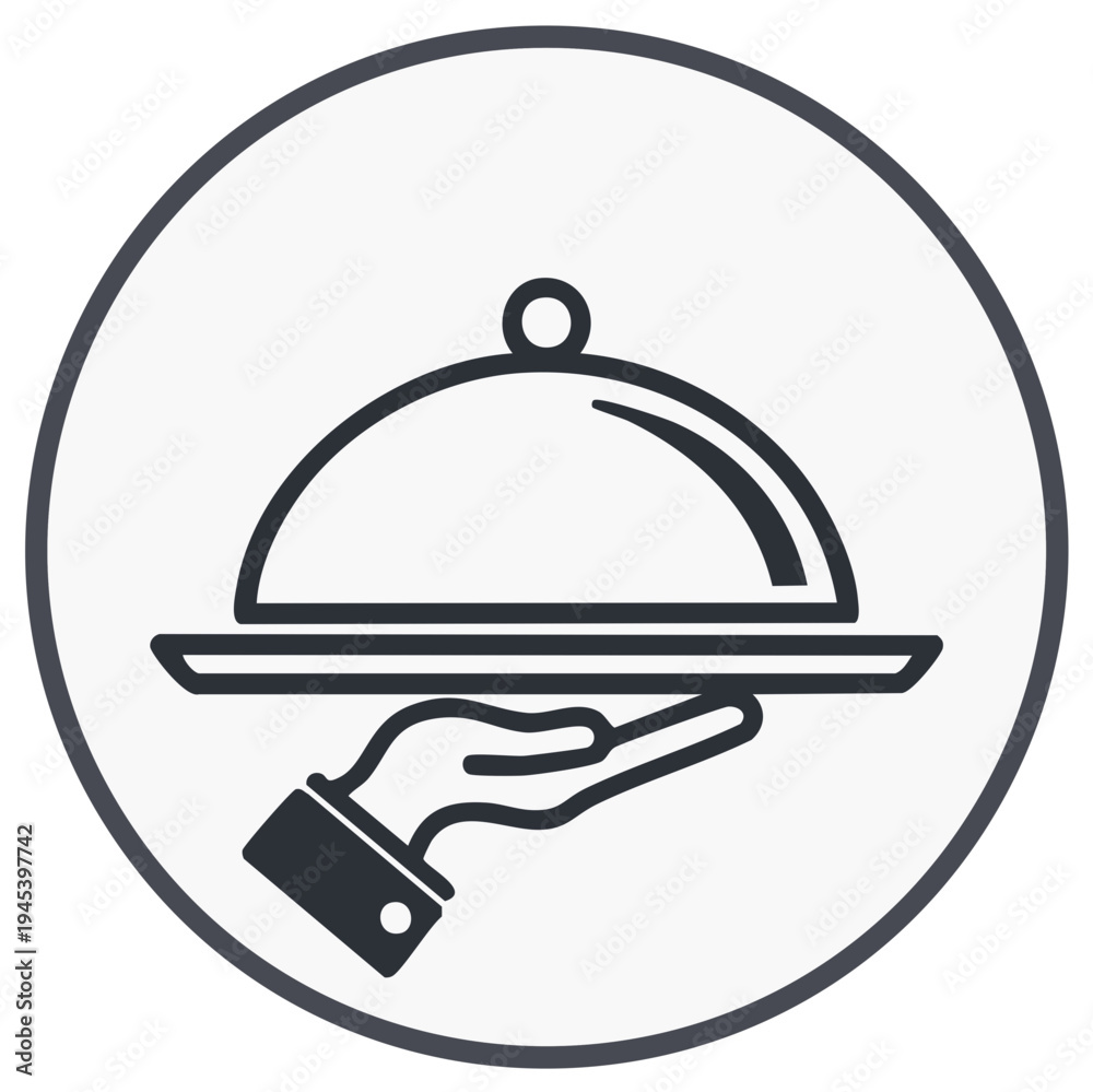 Fototapeta premium Hand holding serving tray with cloche icon in circle simple graphic design