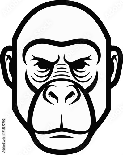 Stylized, monochrome, graphic portrait of a chimpanzee face
