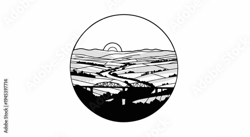 Stylized circle shows a sun over rolling hills, a river, and a bridge