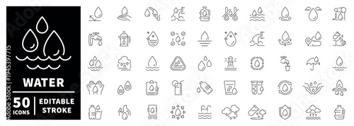Water conservation outline icon set with editable stroke - modern thin line style