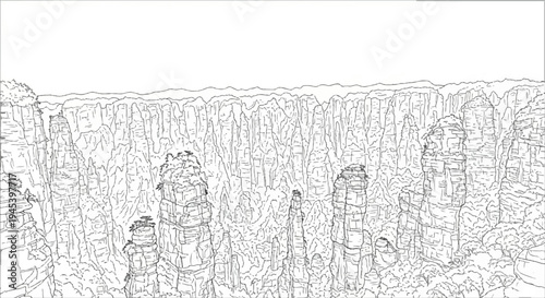 Stylized outline drawing of towering sandstone rock formations under a clear sky