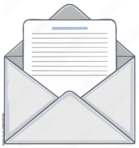 Open white paper envelope with document or letter inside illustration
