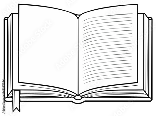 Simple line art illustration of an open hardcover book with a bookmark and a blank page for copy space