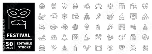 Festival outline icon set: editable stroke thin line style for celebration and events