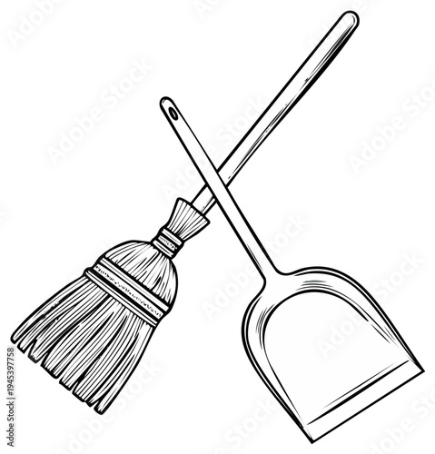 Crossed Cleaning Tools: Broom and Dustpan Line Art, Sanitation Equipment, Housekeeping Outline, Janitorial Service Symbol, Hand Drawn