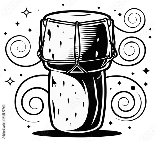 Champagne Bottle Cork Sealed with Wire Cage and Swirling Embellishments