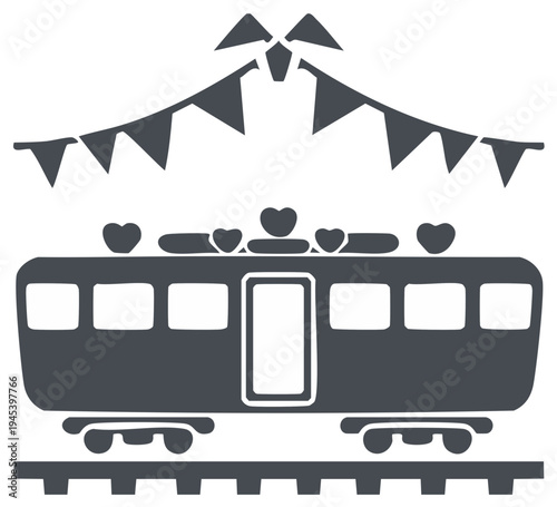 Stylized train decorated with hearts and festive bunting flags celebrating a journey or event