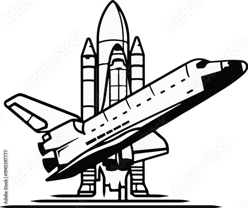 Stylized illustration of a space shuttle with external fuel tank and boosters