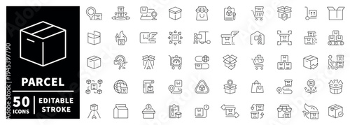 Parcel delivery outline icon set with editable stroke in thin line style