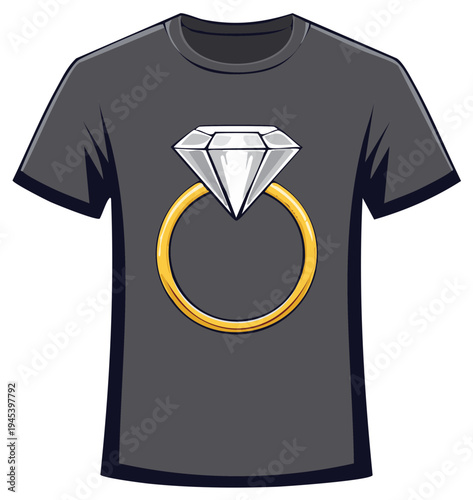 Dark gray t-shirt featuring a prominent sparkling diamond engagement ring with a golden band illustration