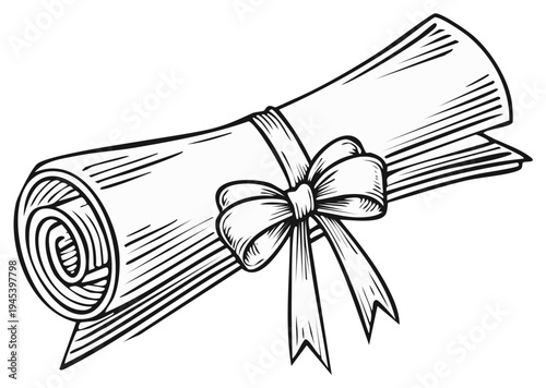 Scroll of achievements with ribbon, drawing vector illustration