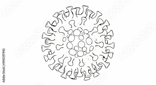 Stylized illustration of a virus particle with spiky protrusions and internal spheres