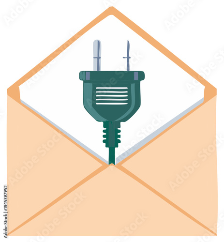 Green electric plug inside an open envelope representing a utility bill notification or alert