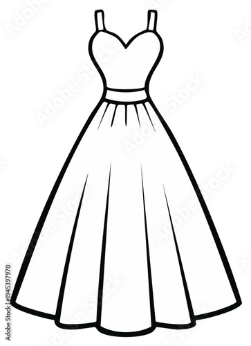 Elegant outline of a flowing formal gown with a sweetheart neckline and full skirt