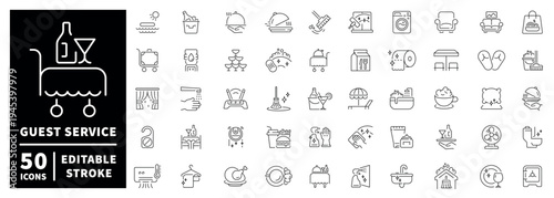 Guest service outline icons set: editable stroke thin line hospitality symbols