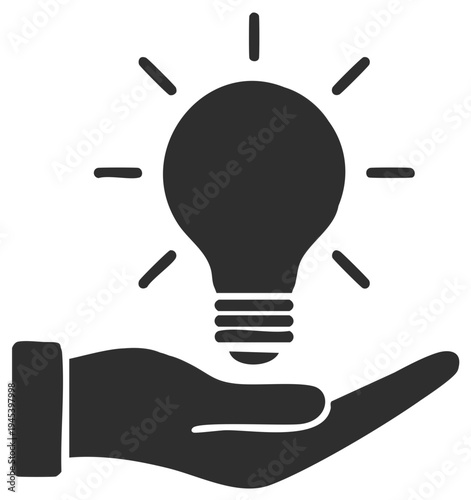 Flat vector icon of a hand holding a glowing lightbulb for creativity inspiration and business ideas