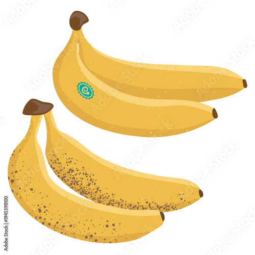 Two ripe yellow bananas and a spotted overripe banana bunch, cartoon tropical fruit vector set