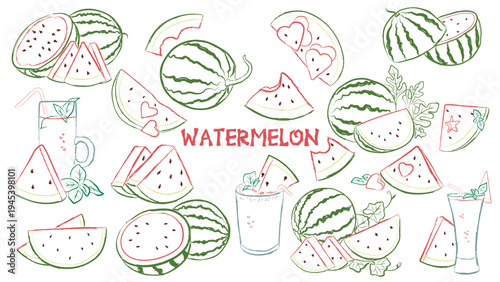 Hand-drawn watermelon doodle collection, whimsical fruit icons for summer branding.