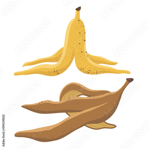 Two banana peels, one ripe yellow and one brown overripe peel, isolated cartoon vector illustration
