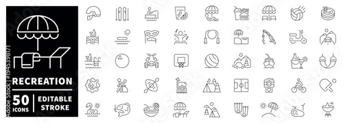 Recreation outline icon set: editable stroke in modern thin line style for leisure and outdoor activities