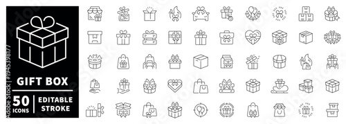 Gift box outline icon set with editable stroke: 50 thin line gift icons
